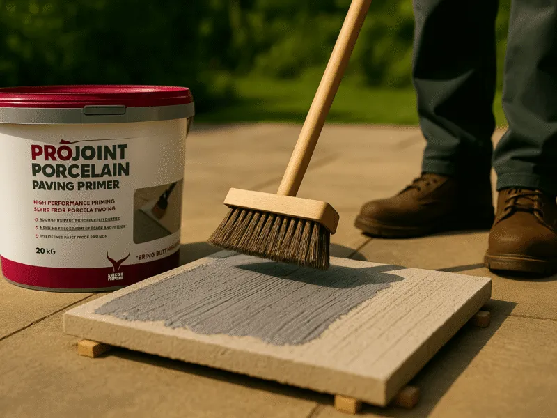 Applying ProJoint Porcelain Paving Primer Slurry to the Underside of a Raised Slab with a Long Brush Specialist Primers