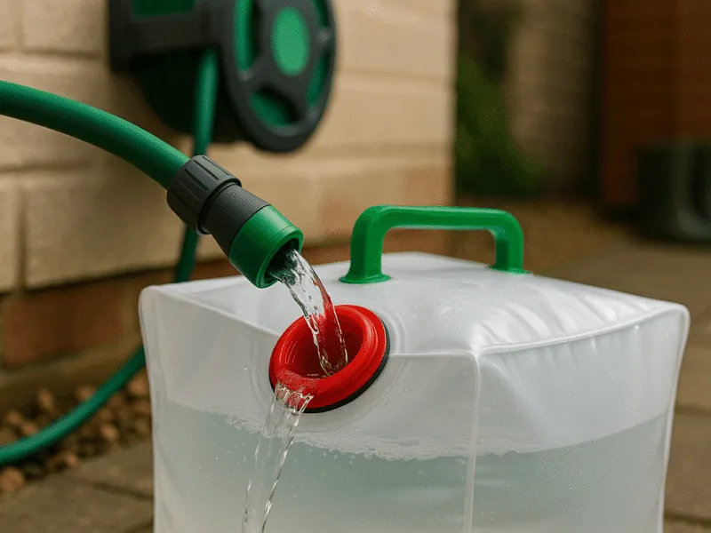 Filling a collapsible container from a hose reel as part of outdoor storage and accessories use Watering Storage and Accessories