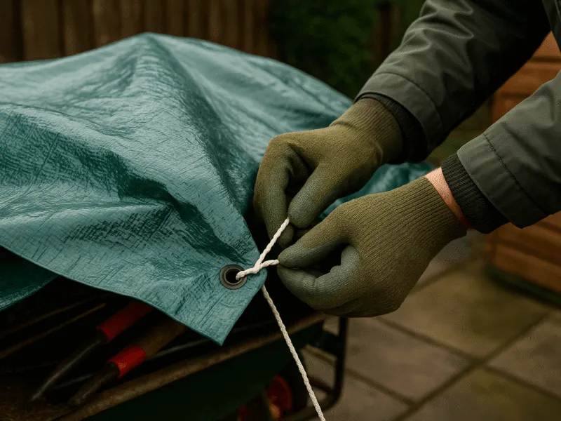 Securing a garden tarpaulin over equipment during outdoor use Tarpaulin