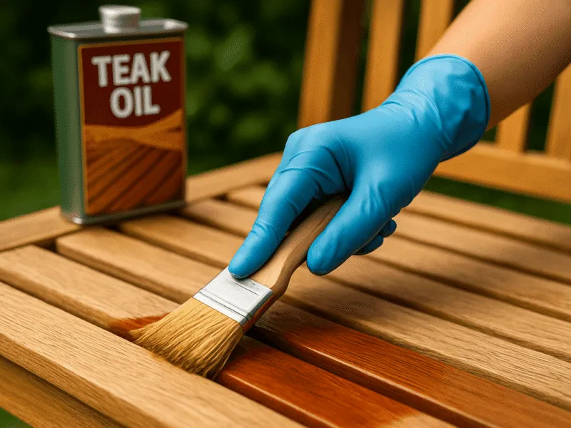 Applying teak oil to garden bench as part of teak garden furniture cleaning and finishing Teak Garden Furniture Cleaning and Finishing