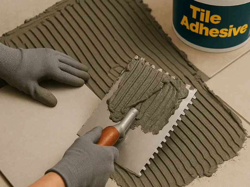 Applying tile adhesive to wall surface during home tiling project Tile Adhesive & Grouts