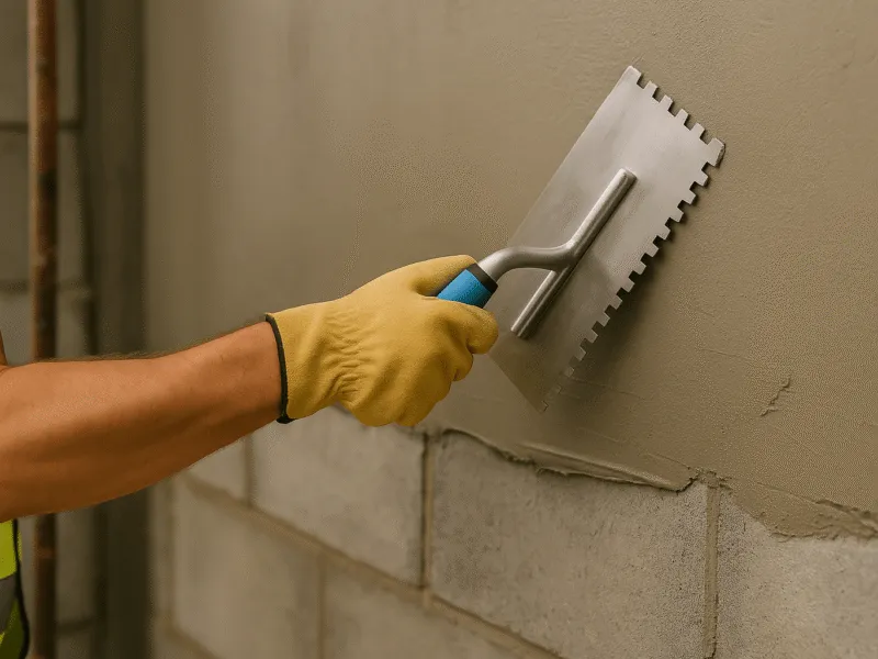 Plastering a wall with a Blue Spot trowel during construction work Trowels
