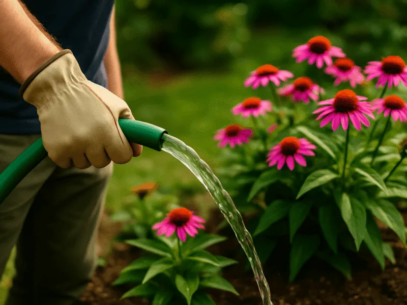 A person watering garden plants by hand with a hose pipe Garden Watering