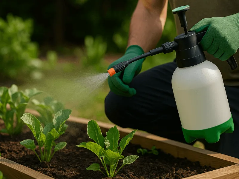 A gardener misting vegetables with a pressure sprayer as part of regular watering sprayers and cans use Garden Sprayers