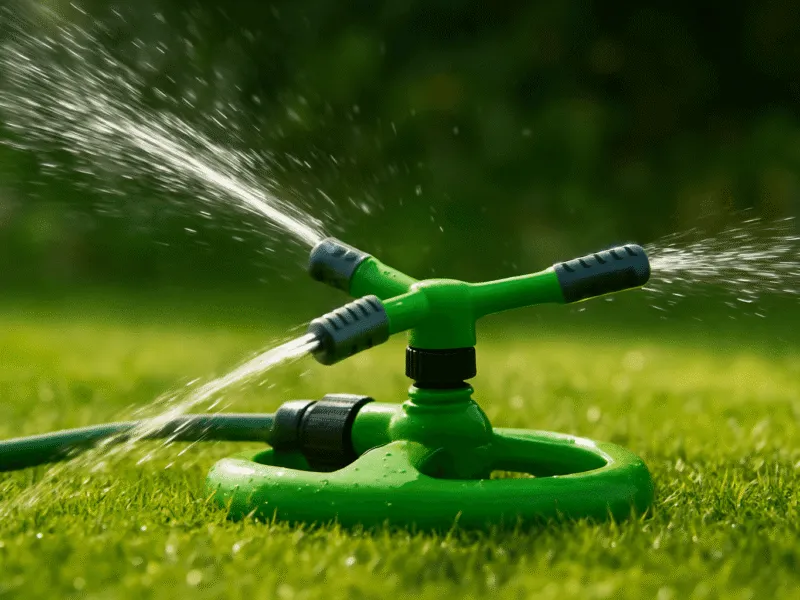 A rotary sprinkler spraying across a garden lawn during morning watering, showing automated irrigation in action Watering Sprinklers and Irrigation