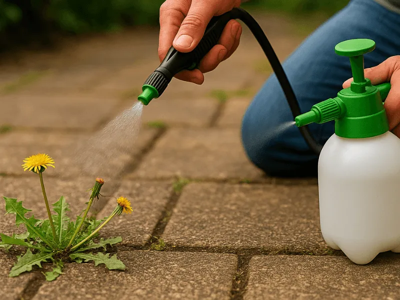 A gardener treating weeds with a spray applicator during weed killer and weeding maintenance Weed Killer and Weeding