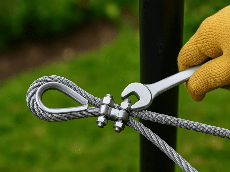 Fixman wire rope and fittings being correctly installed with thimble and clamps in a garden setting Wire Rope and Fittings