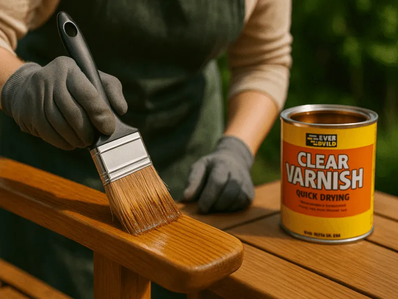 Everbuild Clear Varnish applied to garden furniture during wood care and treatments Wood Care & Treatments