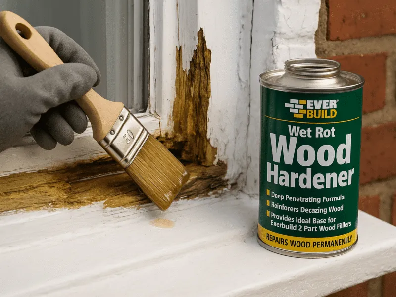 Applying wood hardener to rotting timber window frame during exterior DIY repair Wood Filler