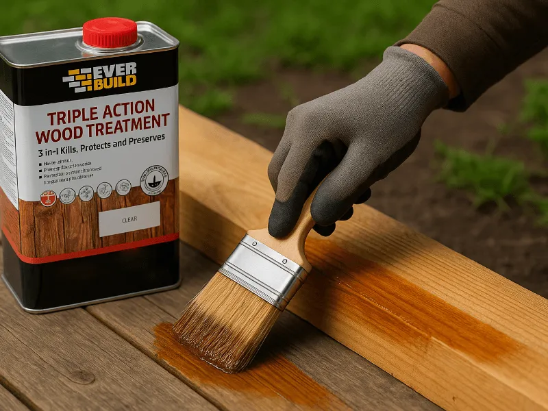 Outdoor application of Everbuild wood preserver and pest treatment on exposed timber Wood Preserver & Pest Treatment