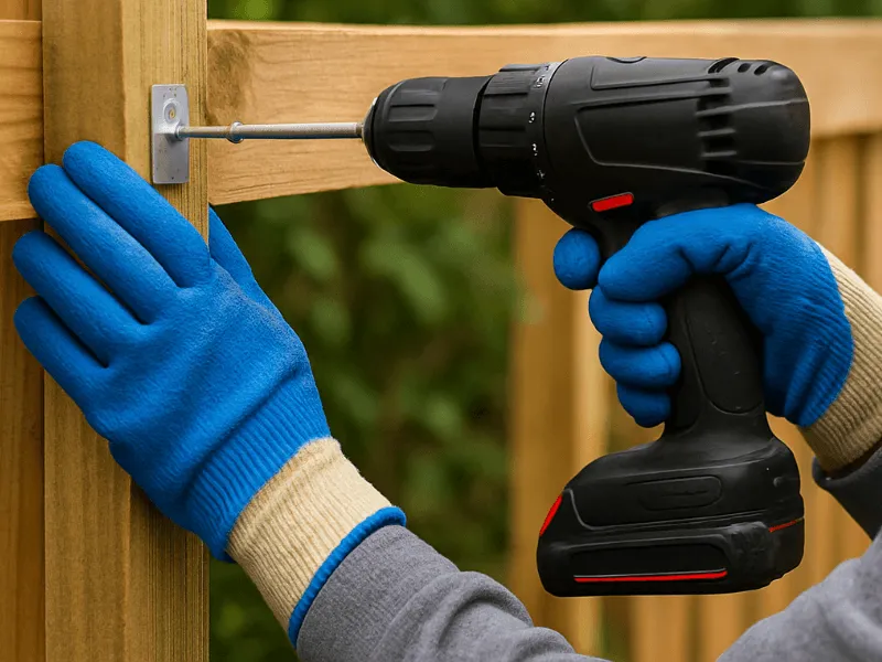 Wearing blue latex work gloves using a power drill to secure a fence rail outdoors Work Gloves