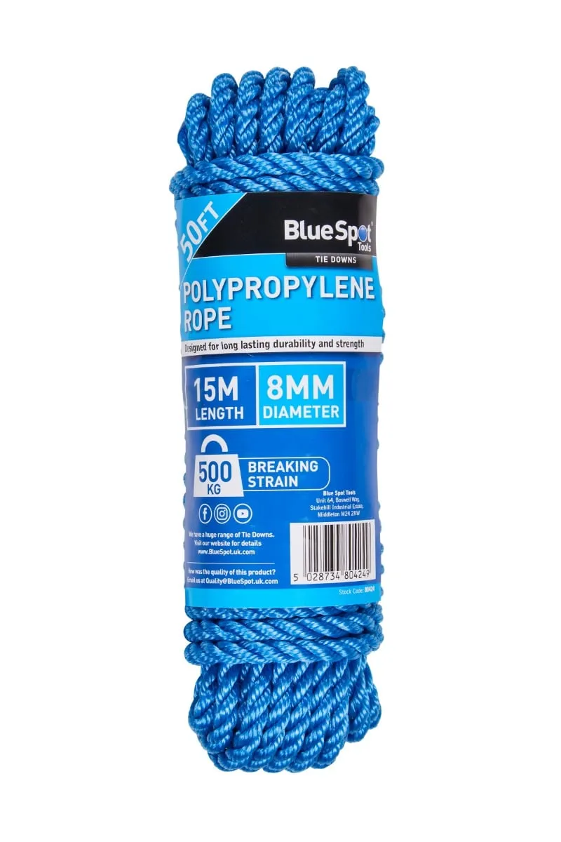 Blue Spot Tools Polypropylene Rope – 50ft, 8mm x 15 Metres (80424)