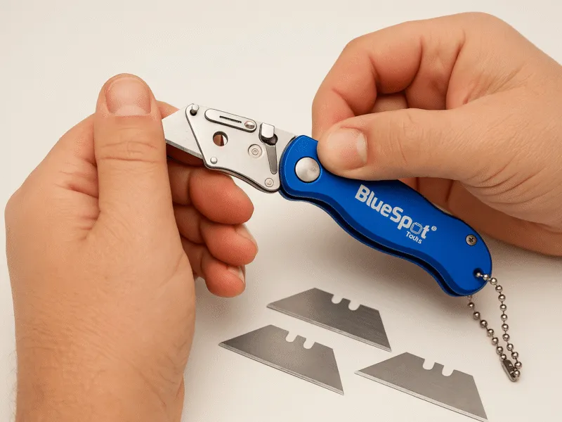 Installing a fresh utility blade on a workbench – blades for DIY, garden and outdoor toolwork Blades