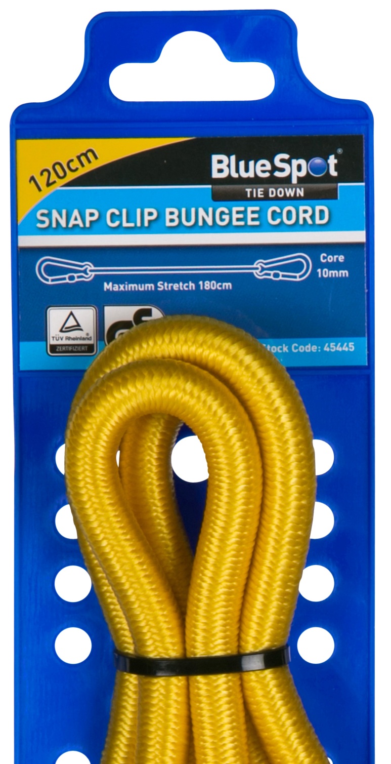 Blue Spot snap clip bungee hi vis yellow on packaging closeup