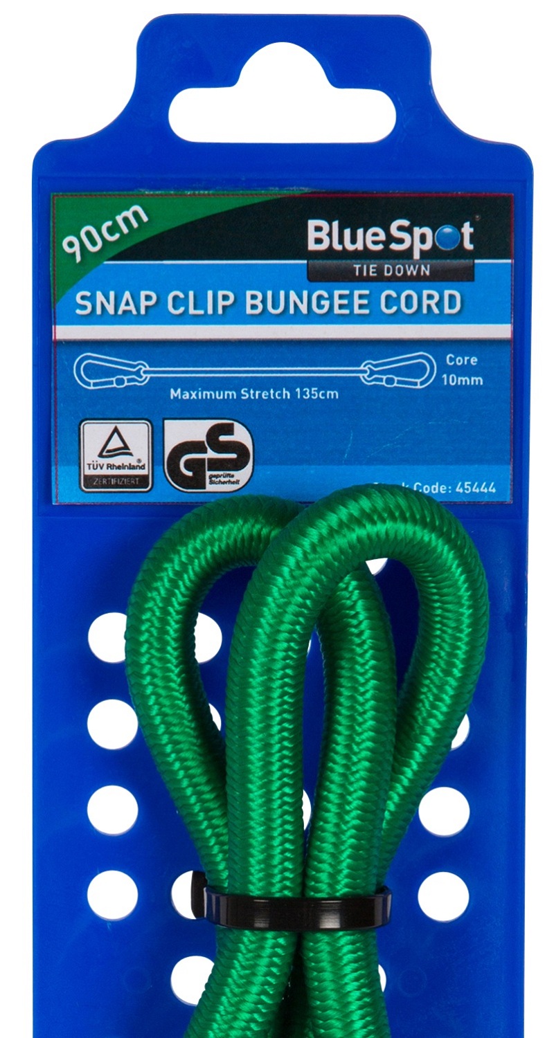 Blue Spot snap clip bungee hi vis Green on packaging closeup