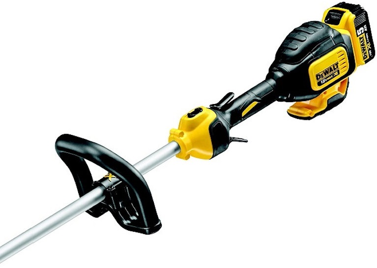 Person using a DeWalt cordless brushless 18v grass strimmer in a garden top section