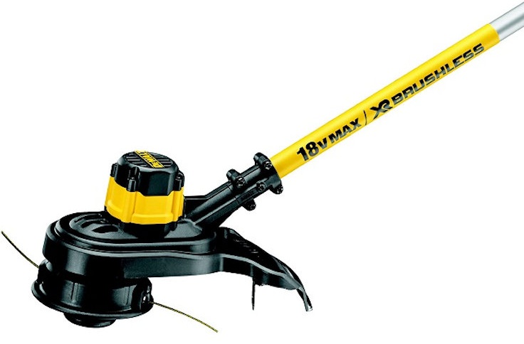Person using a DeWalt cordless brushless 18v grass strimmer in a garden strimmer head