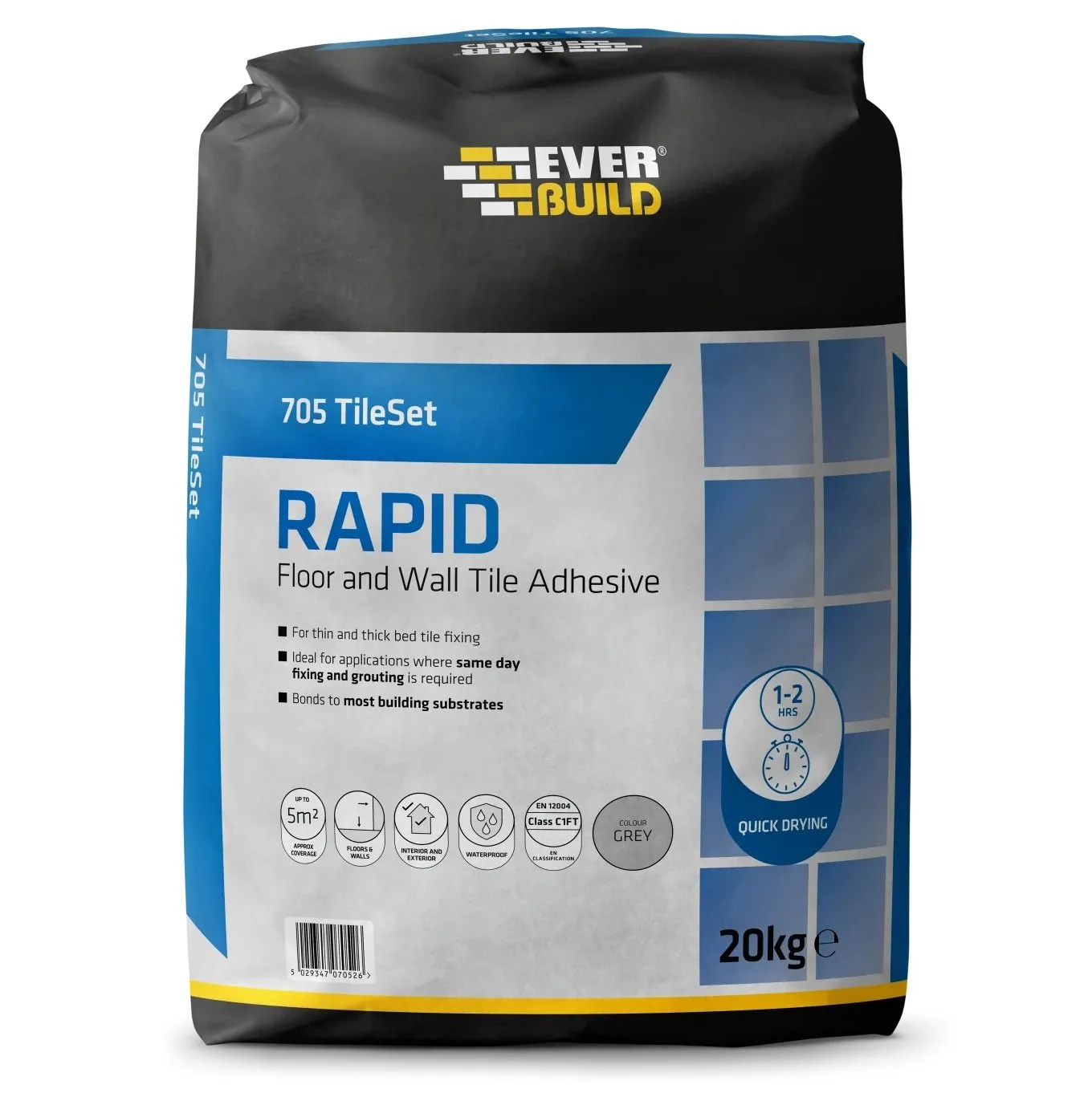 everbuild-705-rapid-set-internal-external-tile-adhesive-new.jpg Everbuild 705 TileSet Rapid Floor & Wall Tile Adhesive – 20kg, GREY (486663)