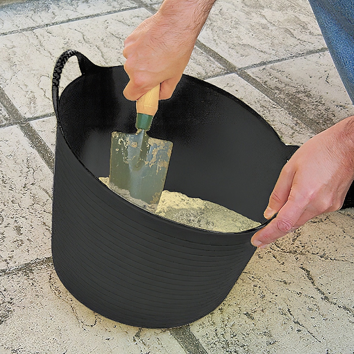 Faithfull Black 15L garden flexible bucket with handles, mixing sand anc cement in bucket