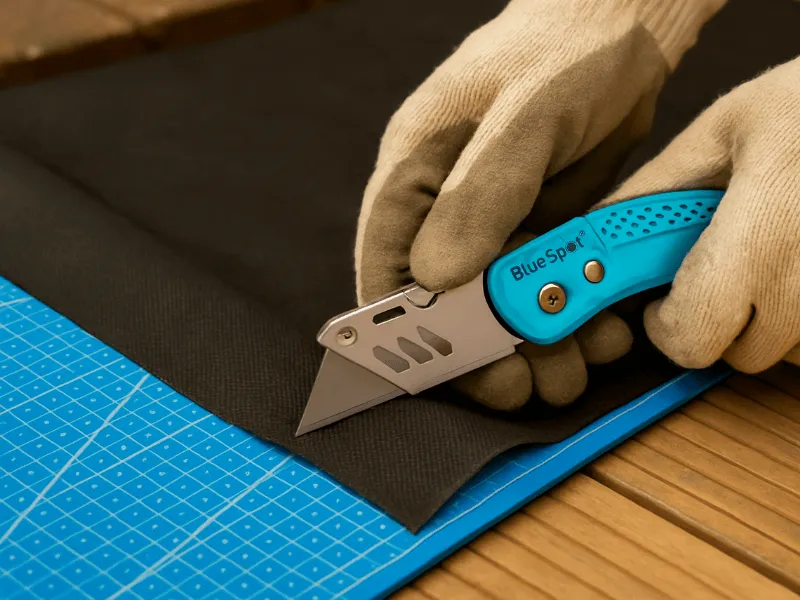 Using a folding utility knife to trim landscaping fabric on a garden patio during outdoor preparation Knives, Blades & Cutting Tools