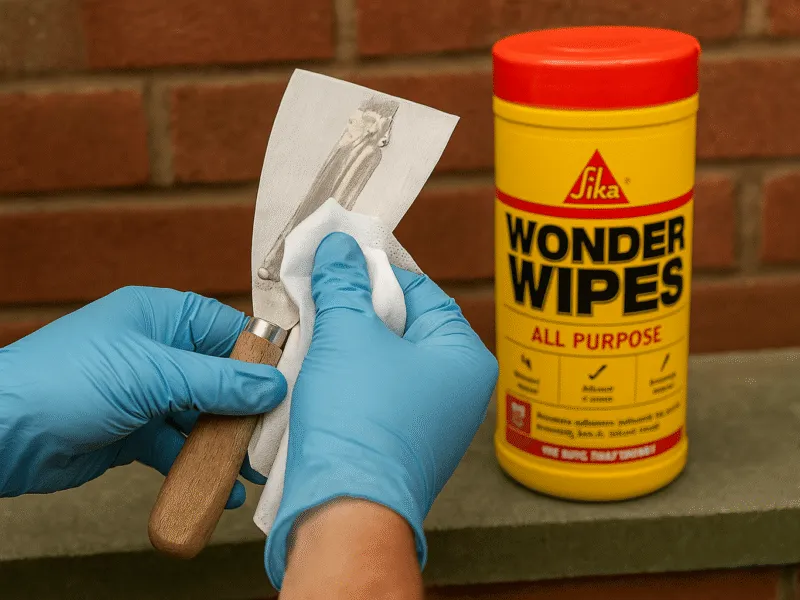Removing dried sealant from a smooth surface using Sika Wonder Wipes – safe and effective wipes for outdoor cleaning tasks Wonder Wipes