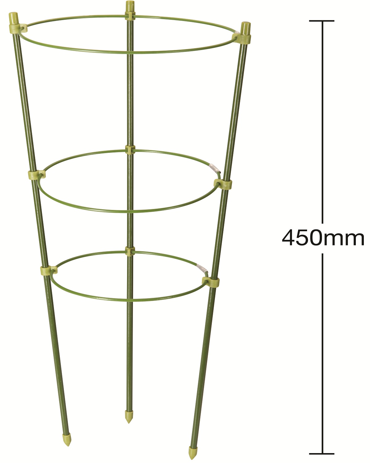 Green three-ring garden plant support structure standing at 450mm high with dimensions