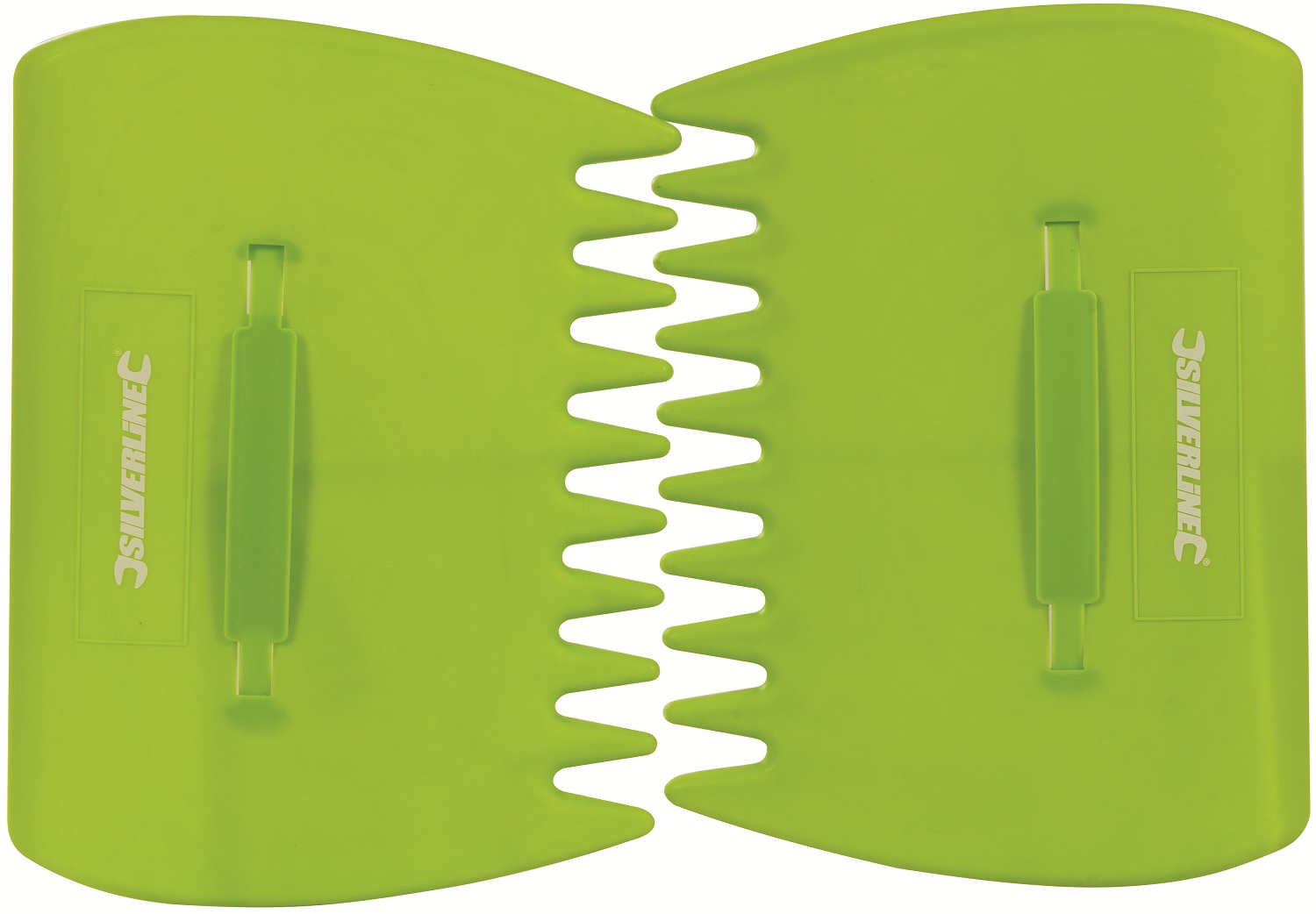 pair of Green plastic leaf collector scoop with a handle for garden clean-up.