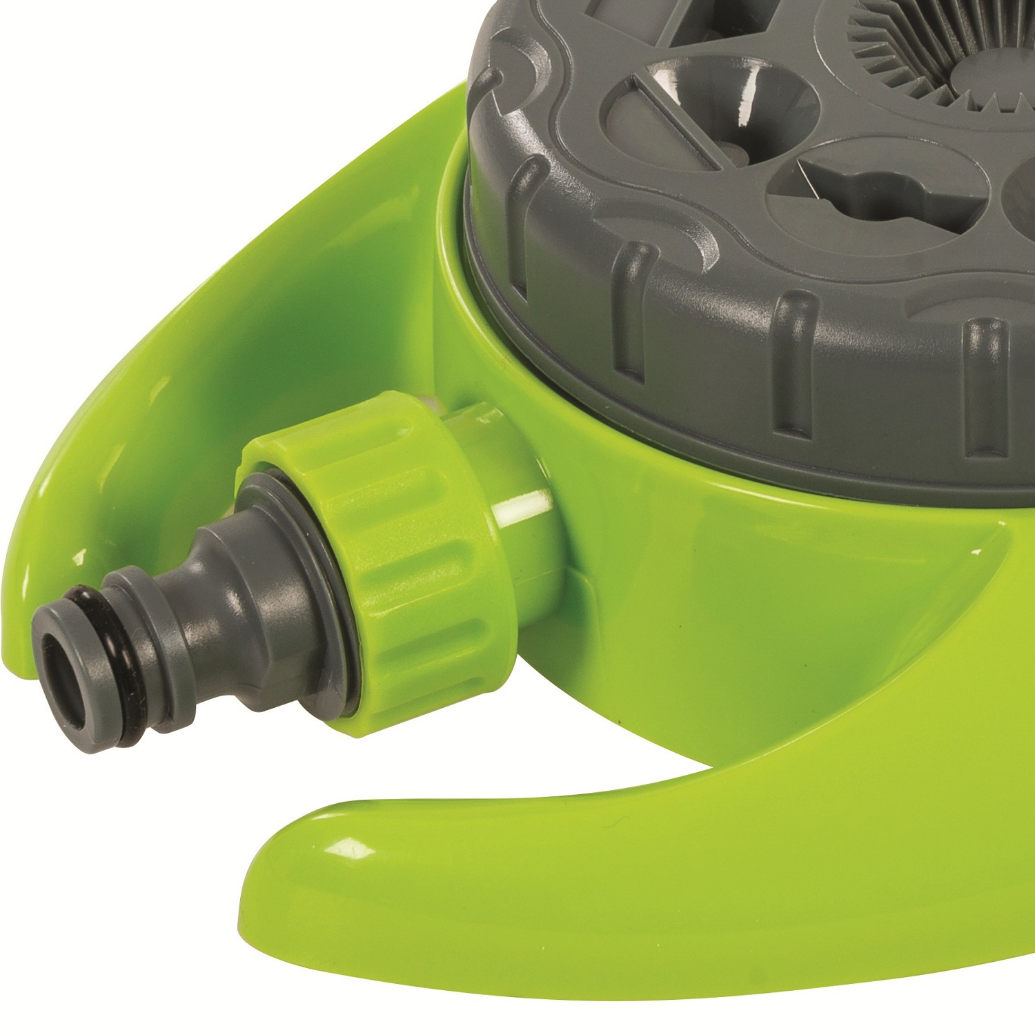 Green and grey garden hose pipe with nine water sprinkler patterns quick connector view