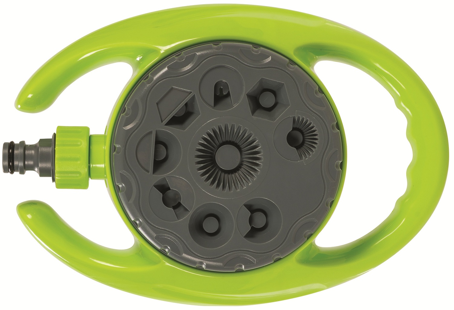 Green and grey garden hose pipe with nine water sprinkler patterns top view