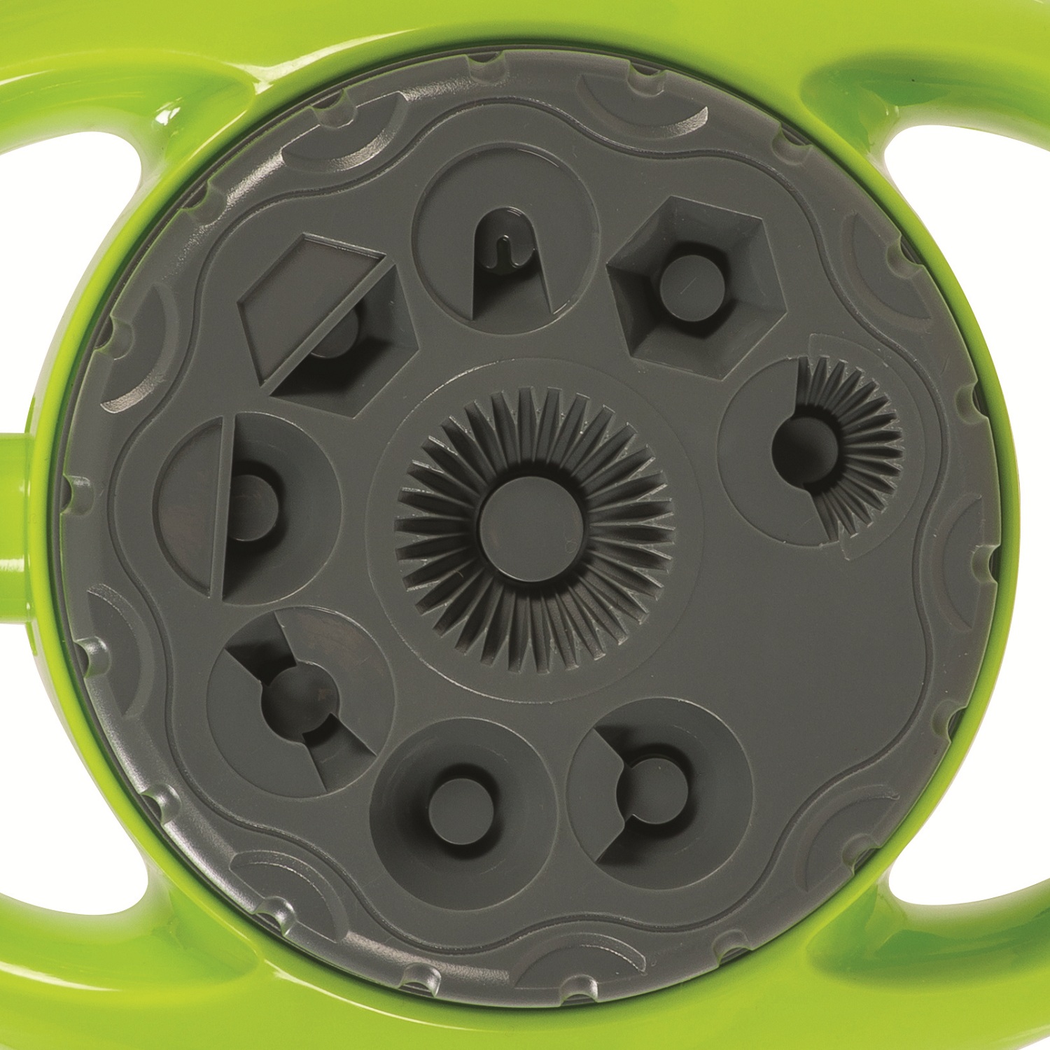 Green and grey garden hose pipe with nine water sprinkler patterns top view closeup showing adjustable water spray pattern dial