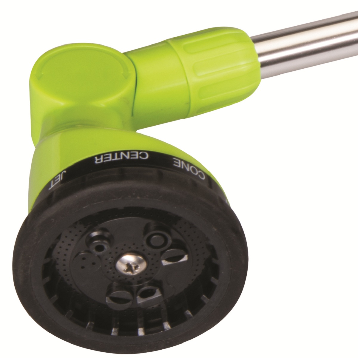 Green and black garden hose spray lance with adjustable nozzle and long reach close up spray selection head