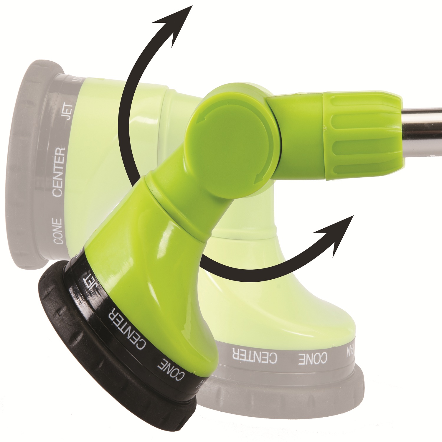 Green and black garden hose spray lance with adjustable nozzle and long reach adjustable spray head