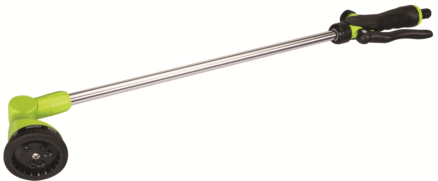 Green and black garden hose spray lance with adjustable nozzle and long reach.