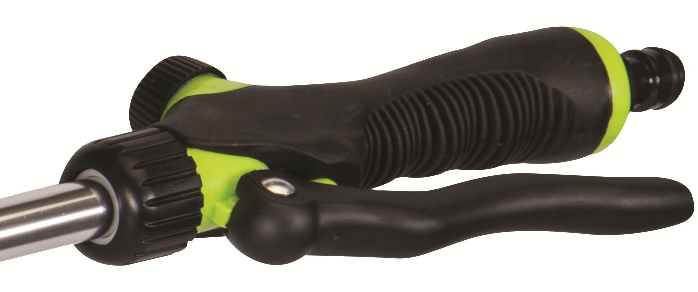 Green and black garden hose spray lance with adjustable nozzle and long reach close up handle with trigger