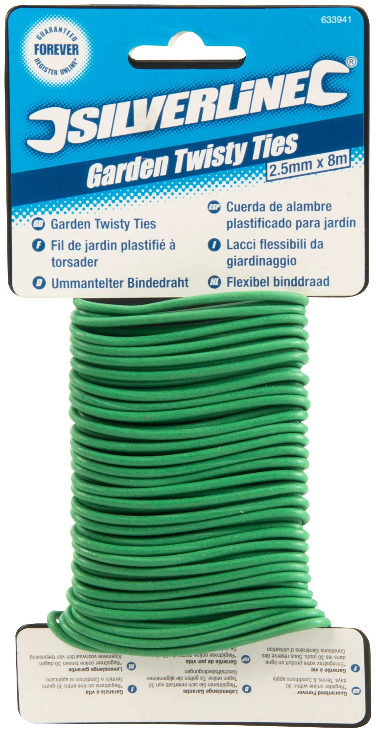 Coiled green garden tie wire measuring 2.5mm x 8m packaging