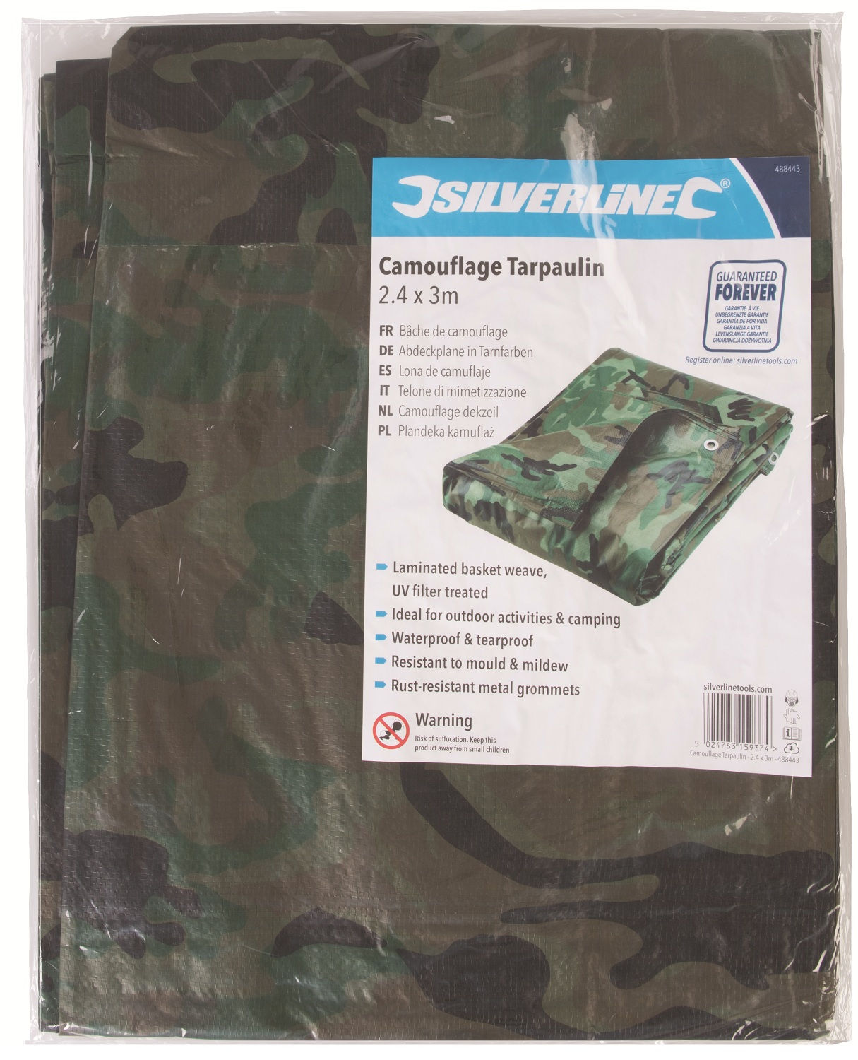 Folded multi use green camouflage tarpaulin sheet with metal eyelets in packaging