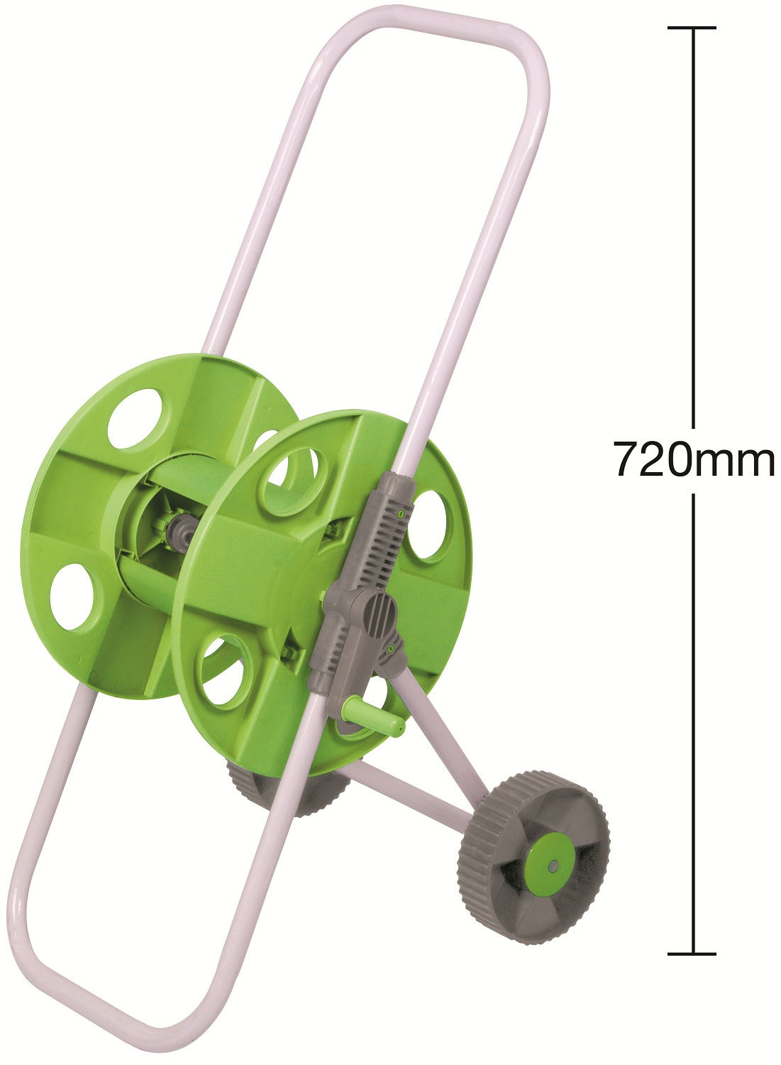 Green and silver wheeled standing hose pipe reel with handle and wheels for easy movement including measurments