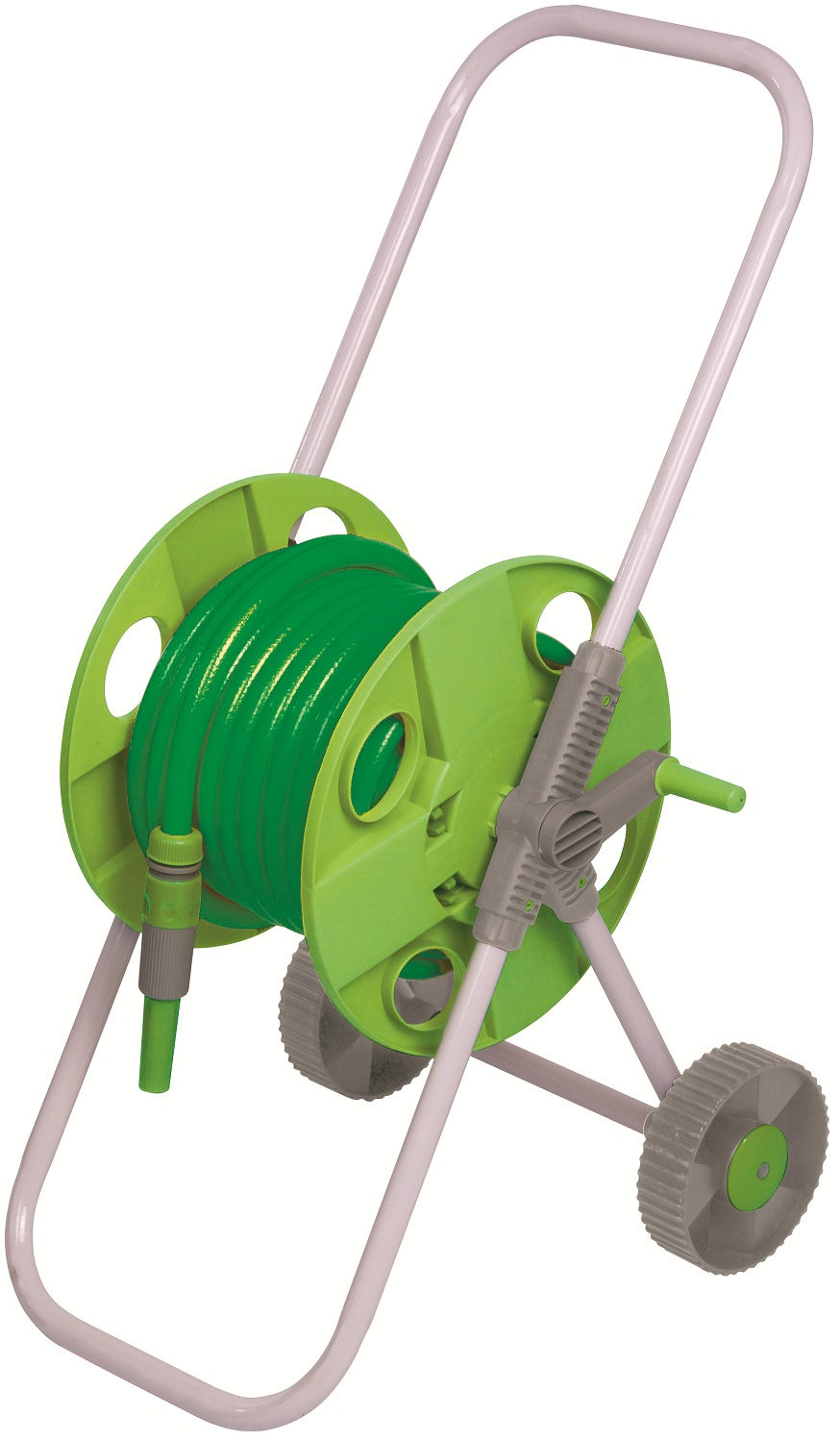 Green and silver wheeled standing hose pipe reel with handle and wheels for easy movement including dark green hose pipe