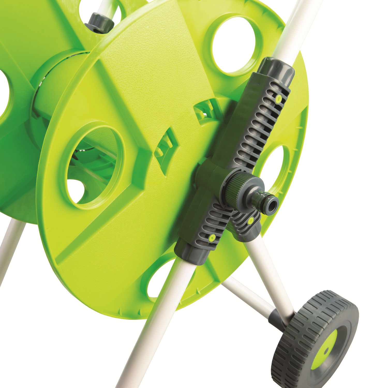 Green and silver wheeled standing hose pipe reel with handle and wheels for easy movement closeup snap on connection