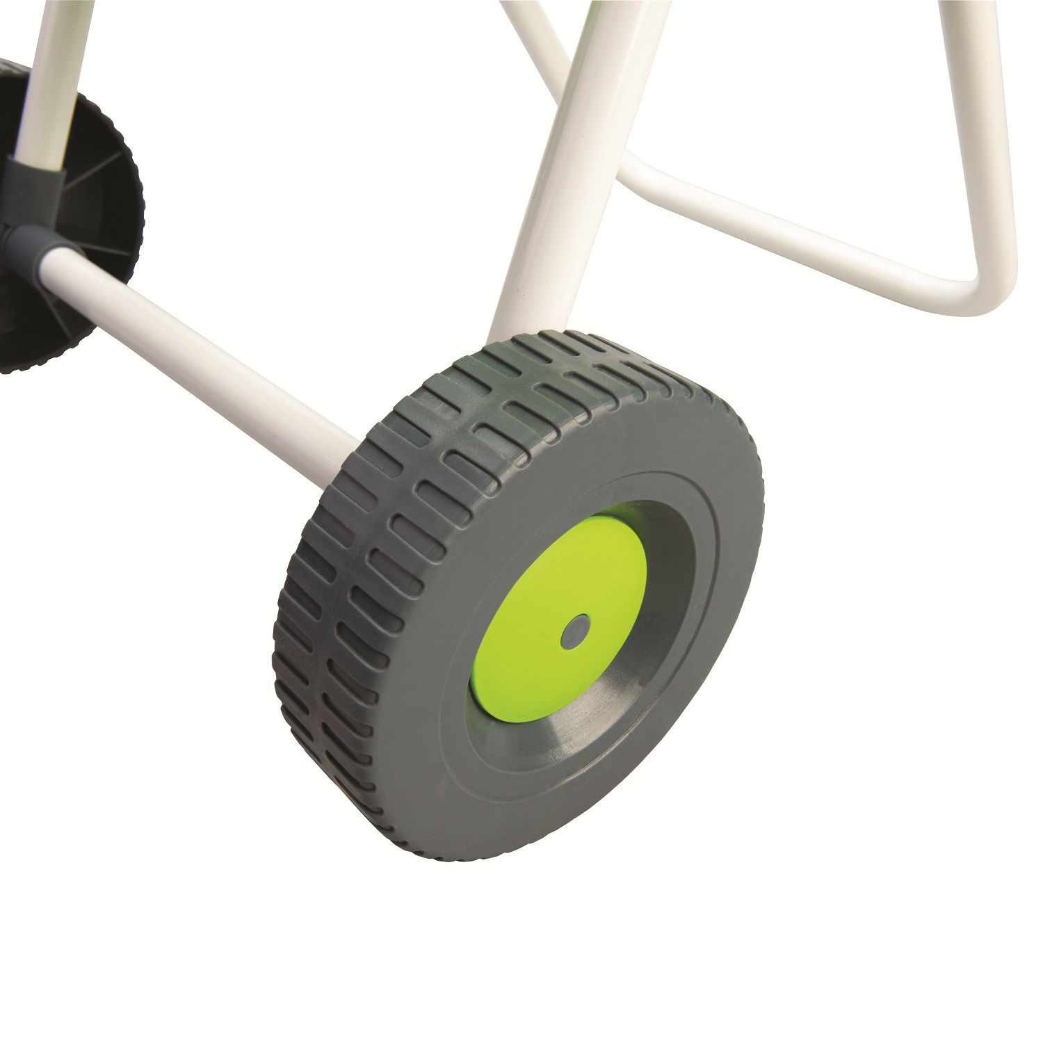 Green and silver wheeled standing hose pipe reel with handle and wheels for easy movement. wheels closeup
