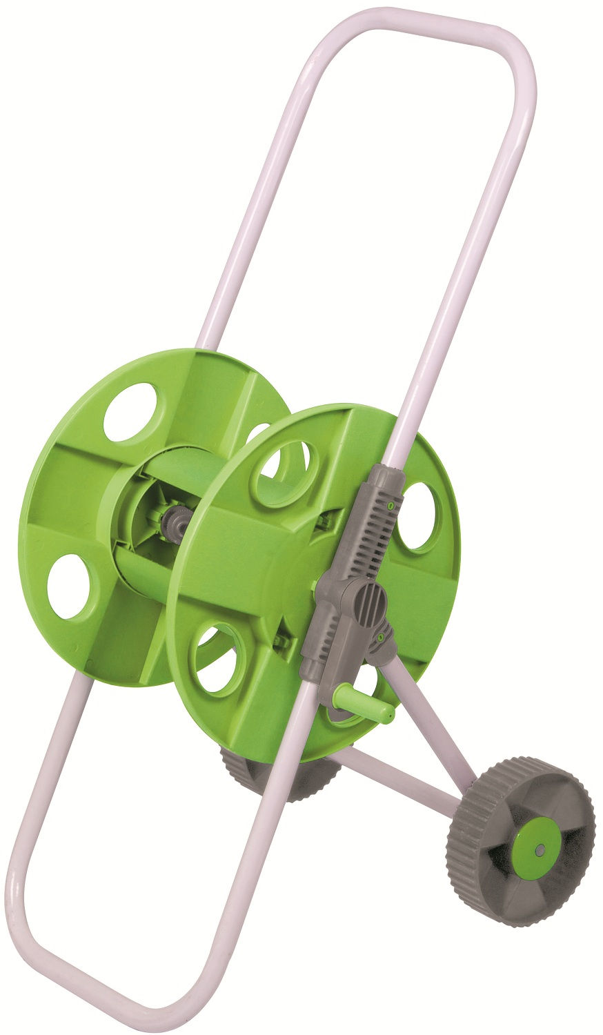 Green and silver wheeled standing hose pipe reel with handle and wheels for easy movement full height