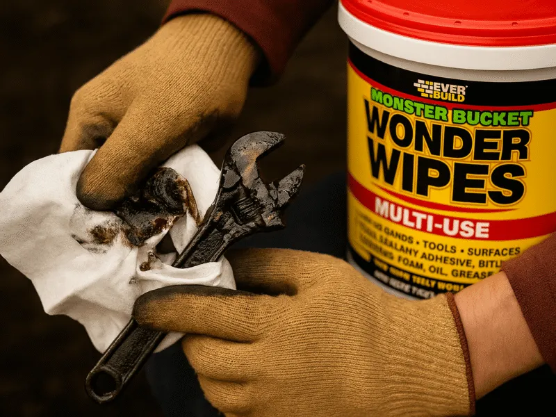 Cleaning thick grease off a spanner using Everbuild Wonder Wipes – effective multi-use wipes for hands, tools, and surfaces Wonder Wipes