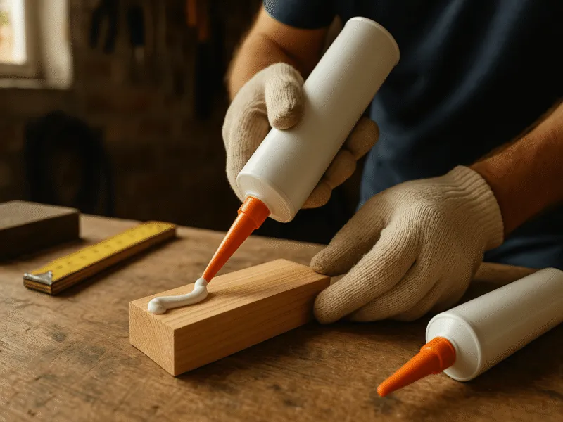 Applying adhesive from a tube onto timber in a realistic workshop setting Adhesives