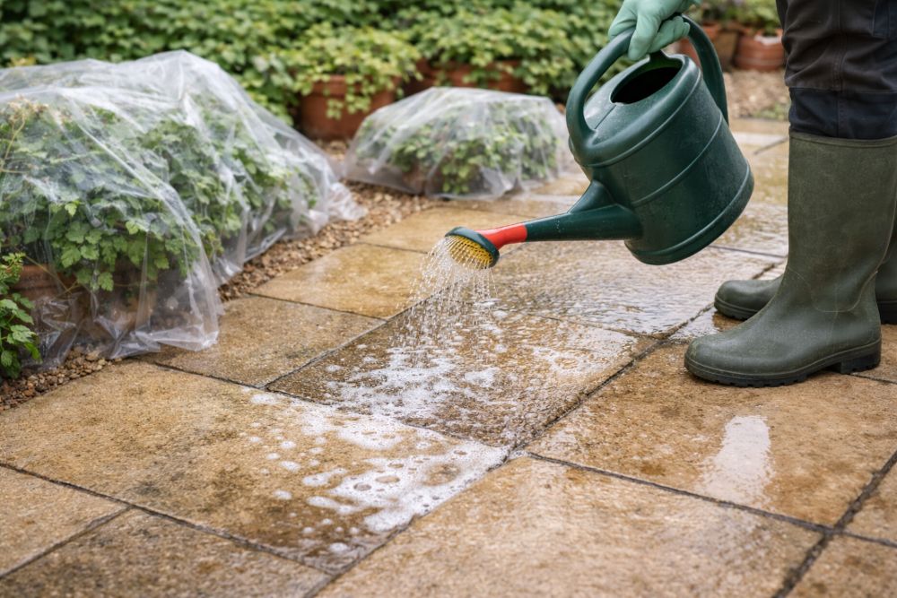Pouring cleaning solution from a watering can onto patio slabs with foam on the surface