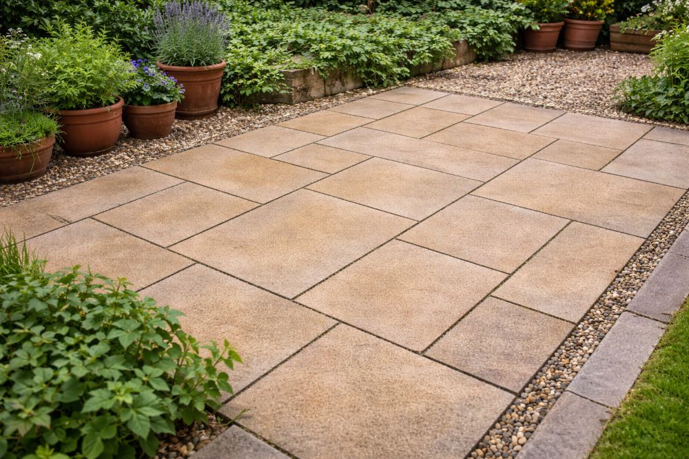 Wide view of a clean patio with paving slabs, gravel borders and planting around the edges