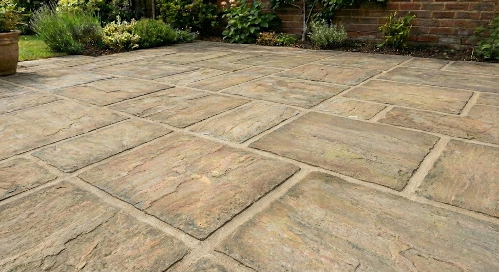 Clean patio with stable joints and surrounding planting after maintenance