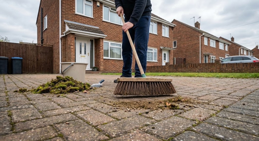 Sweeping moss and debris from block paving driveway before applying sealer