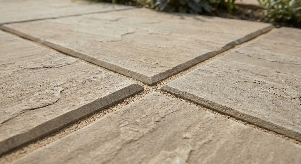 Close-up of sandstone patio joints showing consistent spacing and surface texture for sealer selection