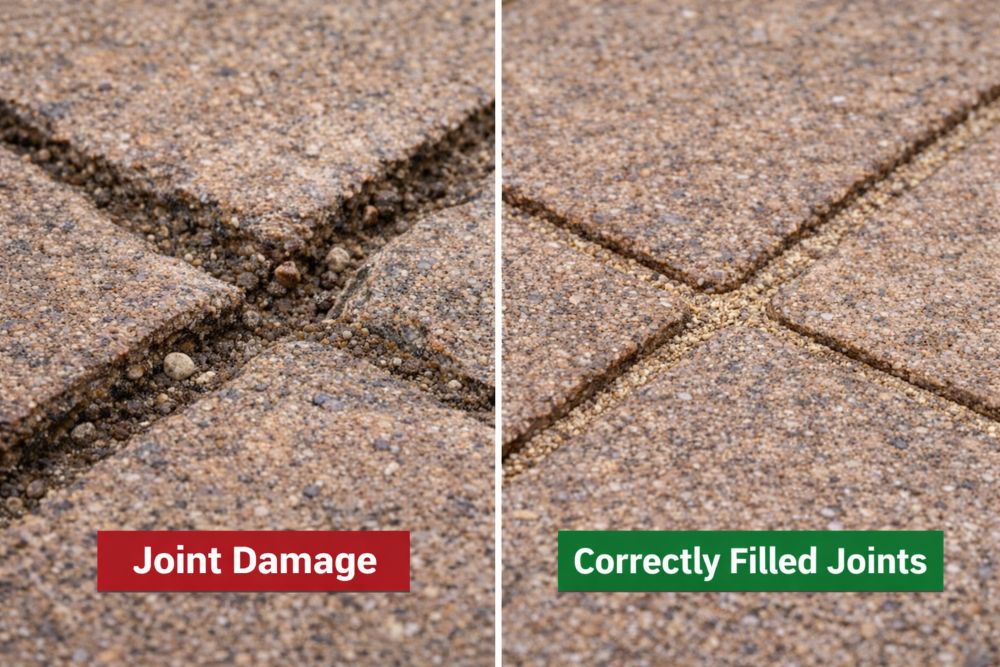 Side-by-side comparison showing damaged patio joints and correctly filled joints