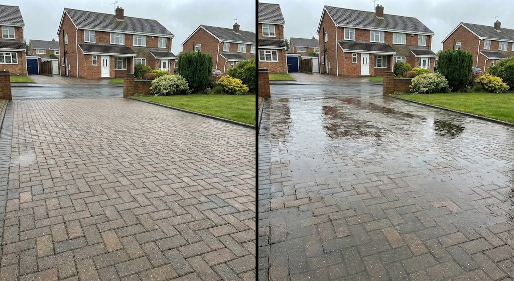 Comparison of dry block paving driveway and rain-soaked surface highlighting sealing weather risks